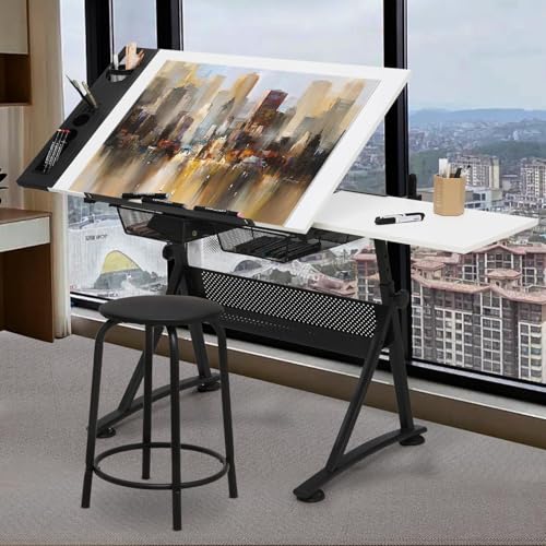 Adjustable Drafting Table with Storage and Extendable Top