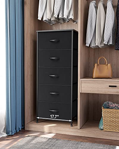 Crestlive Products Vertical Dresser Storage Tower - Sturdy Steel Frame, Wood Top, Easy Pull Fabric Bins, Wood Handles - Organizer Unit For Bedroom, Hallway, Entryway, Closets - 5 Drawers (Black) #TOP2