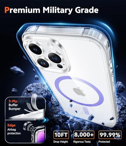 Image of FNTCASE for iPhone 14 Pro Case: Clear Magnetic Phone Cases Compatible with Magsafe Slim Anti Yellowing Military Grade Drop Protection Rugged Protective Transparent Cell Phone Cover (D-Purple)