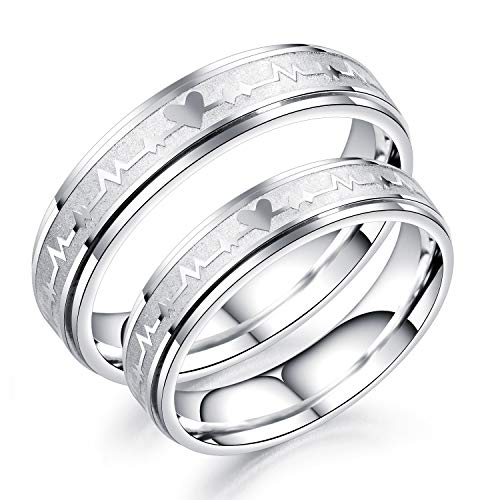 Mishow 2pcs EKG Heartbeat Rings for Couples Stainless Steel Love Heart Matching Promise Rings Wedding Bands Sets for Him and Her