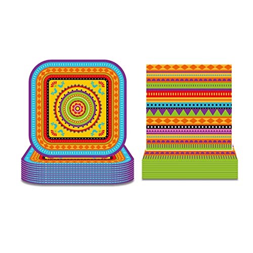 Mexican Fiesta Plates and Napkins Serves 24 Gusets 64 Pcs Fiesta Plates and Napkins Set Party Supplies Mexico Cactus Colorful Disposable Paper Plates Napkins for Mexican Themed Fiesta Party Supplies
