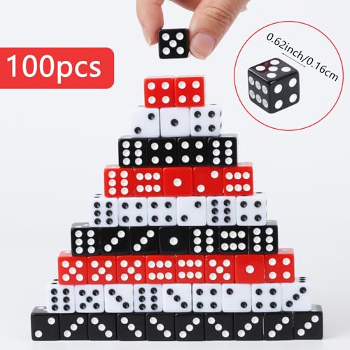 Hooqict 100 Pieces Casino Dice Set 16mm Standard Game Dice Bulk Acrylic 6 Sided Colored Playing Dice for Casino Vegas Theme Party Board Games (Black, Red, White) - Thumbnail 2