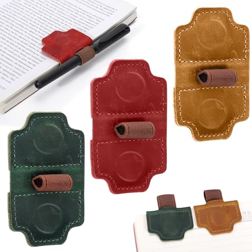 Palksky Bygone Mark Bookmark with Pen Holder, 3PCS Genuine Leather Magnetic Bookmarks, Vintage Book Mark Clips for Reading Women Teachers Students, Reading Accessories, Book Lovers Gifts