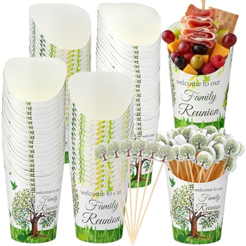 Reallnaive 250 Pcs Family Reunion Charcuterie Cups with Picks Set 50 Pcs 16oz French Fries Cups 200 Cocktail Picks Disposable Snack Containers Fruit Sticks Party Supplies Birthday Party Decor