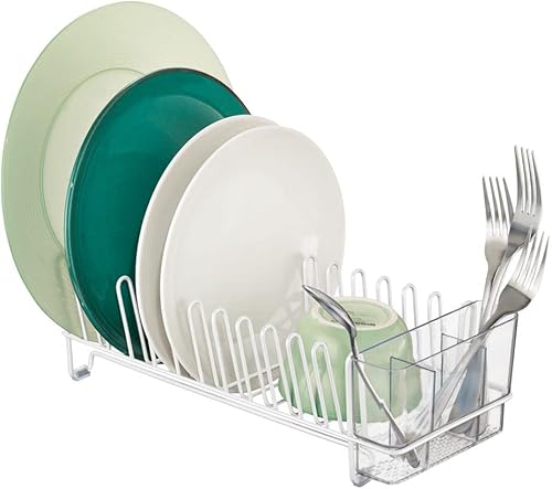 mDesign Escurridor de platos compacto y moderno de acero con bandeja de cubiertos extraíble, escurridor de platos, escurridor de platos para