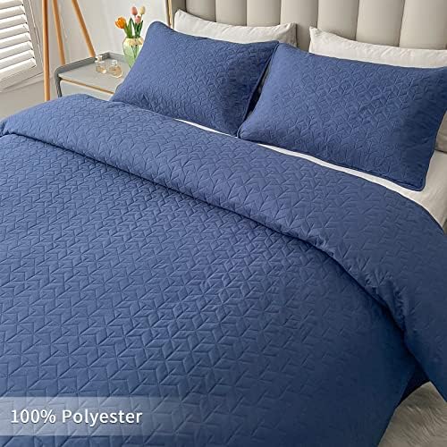 Qucover Navy Blue Bedspread 3-Piece Simple Ultrasonic Geometric Embossed Bed Throws Bedspreads Double, Lightweight Polyester Bedspread Coverlet Bedding Set with Pillow Cases, Double 220x240cm