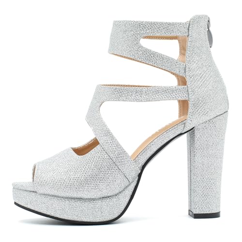 Peijely Women's Platform Heeled Sandals, Cutout Strappy, Peep Toe, High Chunky Heel, Back Zipper Closure, Dress Party Shoes Silver Glitter 47 - US 12.5 by Peijely - Used condition - Image 4