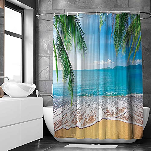 Allenjoy Tropical Beach Shower Curtain Summer Seaside Scene Ocean Island Palm Tree Bathroom Decorations Curtain Durable Bathtub Showers Decor With 12 Hooks 72X72 Inch #TOP1