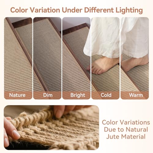 1PC Jute Stair Treads for Wooden Steps-Stairs Carpet Non Slip-Peel and Stick Stair Treads Indoor, Adhesive Staircase Step Treads Residue Free, Durable Natural Stair Runner Rug,8\"x30\" Beige - Thumbnail 2