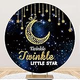 Renaiss 7x7ft Twinkle Little Star Baby Shower Round Backdrop Covers Golden Glitter Stars Moon Starry Sky Nebula Circle Photography Background Kids Newborn Birthday Portrait Party Decors Photoshoot