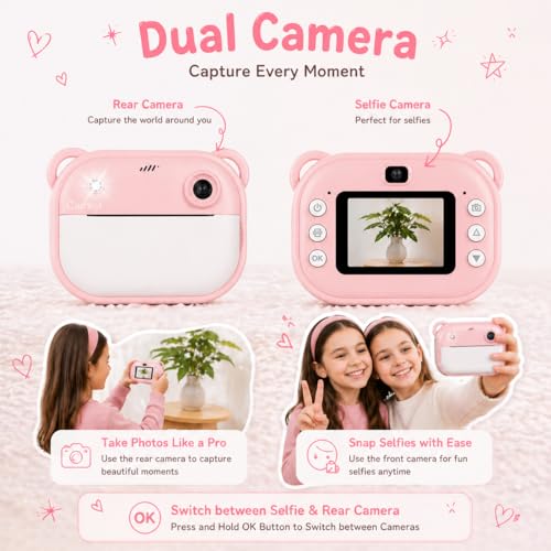 Image of Instant Print Camera 48MP | Photo & Video, Creative Game for Kids Mini LED Digital 1080P HD Display | Long Lasting Battery Life, Ideal Gift for Birthday, Boys & Girls (3 Rolls)