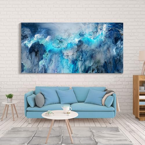 Image of Mofutinpo Blue Abstract Canvas Wall Art | Modern Contemporary Painting for Living Room, Bedroom, and Office | Large Abstract Artwork | Ready-to-Hang Home Decorations | 29x58 Inches