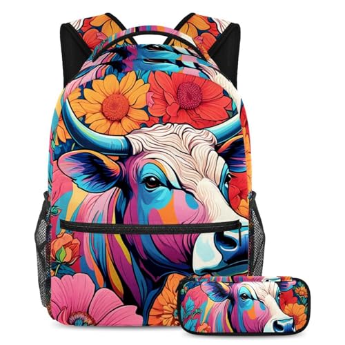 Sac à dos imprimé vache multicolore avec trousse pour ados