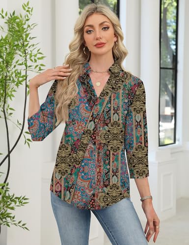 Image of LOMON 3 /4 Length Sleeve Womens Tops Dressy V Neck Collared Shirts Trendy Business Casual Work Blouses Vacation Outfits 2026
