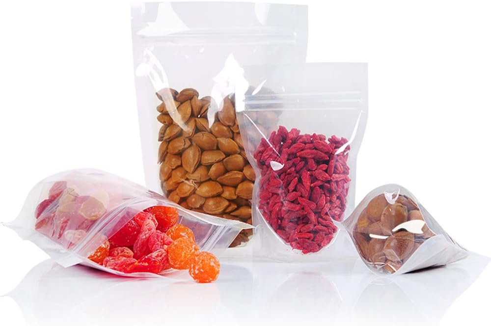 Stand Up Pouch Bags, 100 Pc Reusable Zip Lock and Heat Sealable for Snack Food Tea Packing Pouches
