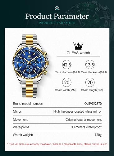 Image of OLEVS Watches for Men Classic with Date Business Dress Luxury Big Face Green /Black /Blue Waterproof Luminous Mens Wristwatch Analog Two Tone Stainless Steel Male Watch