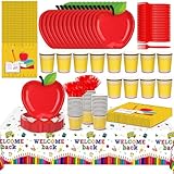 97 Pcs Back to School Decoration Red Apple Paper Plates Set First Day of School Party Supplies Yellow Paper Cups Book Napkins Disposable Tablecloth for 24 Guest Pre K Teacher Supply Decoration