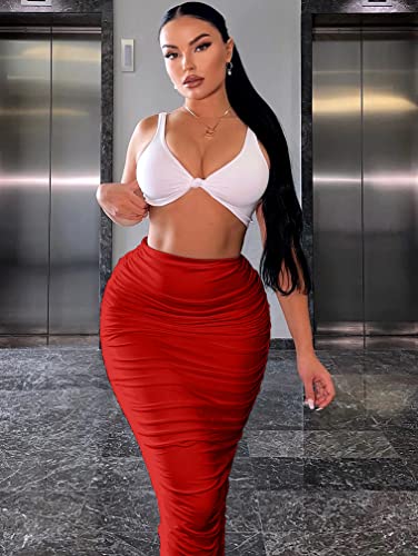 Ymduch Women's Sexy Bodycon High Waist Stretchy Solid Work Pencil Skirts Dress Red #TOP2