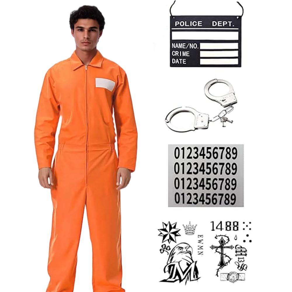 CLIUNT Prisoner Costume, Fancy Dress for Adults, Orange Jumpsuit with ID tag, handcuffs, 3 tattoo stickers and a transfer digital sticker, Halloween Decoration