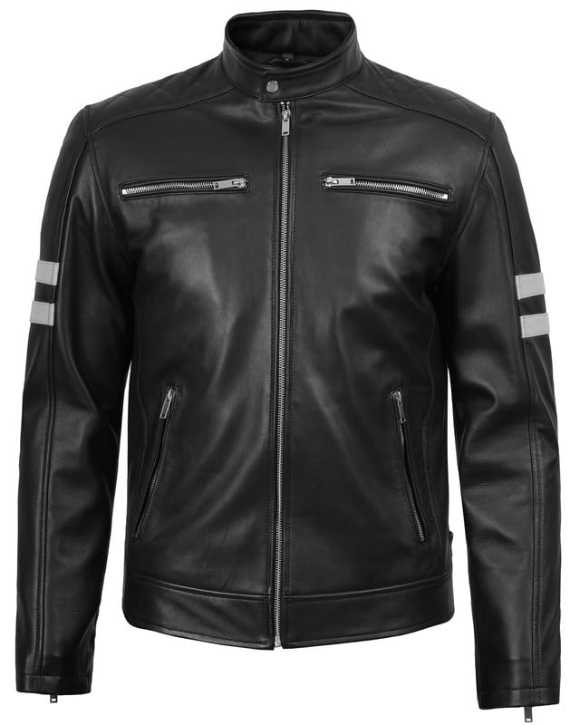 Image of Blingsoul Stylish Black & Brown Cafe Racer Leather Jacket For Men - Real Lambskin Leather Motorcycle Jacket Mens