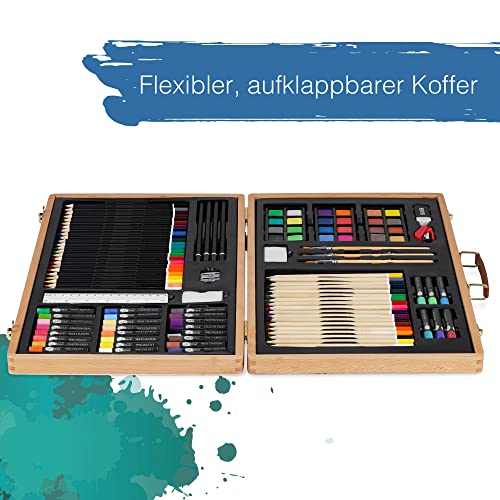 Artina XXL 89tlg Künstler Malset im Malkoffer Holz – Künstlerkoffer mit Buntstiften, Wasserfarben, Wachsmalstiften, Pastelle, Pinsel, Malfarben & Malzubehör zum Malen für Kinder & Erwachsene – Genova