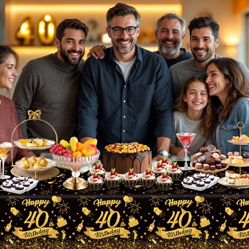 Image of NatNarr 3 Pack 40th Birthday Plastic Tablecloth, 54x108 Inch Black Gold Disposable Rectangle Table Cover Waterproof Table Cloth for Birthday 40 Anniversary Party Supplies