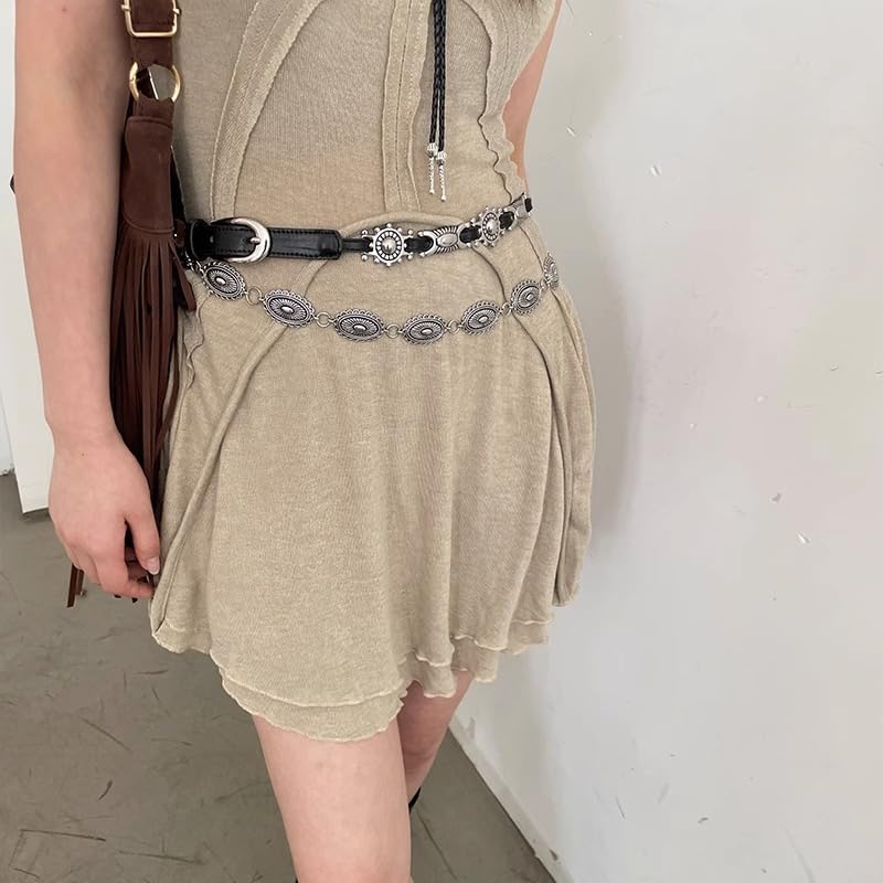 ELABEST Boho Leather Waist Belt Black Western Belt Layered Vintage Chain Belt for Women2