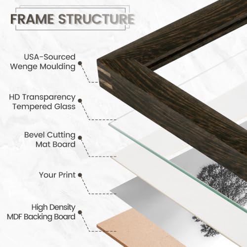 Image of 16 x 20 Picture Frame, USA-Sourced Natural Wenge Wood Photo Collage Frame with HD Tempered Glass, Modern Simple 16x20 Wooden Frame Matted to 11x14, Vertical & Horizontal Wall Hanging Display