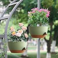 Homeuouz 25cm Selbstbewässernde Hängende Blumenampel 2er-Set – Blumentopf Hängend Innen & Außen, Hängeblumentöpfe mit Drainage für Balkon, Wohnzimmer, Küche,Grün mit Braun – Ansicht 7