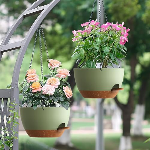 Homeuouz 25cm Selbstbewässernde Hängende Blumenampel 2er-Set – Blumentopf Hängend Innen & Außen, Hängeblumentöpfe mit Drainage für Balkon, Wohnzimmer, Küche,Grün mit Braun