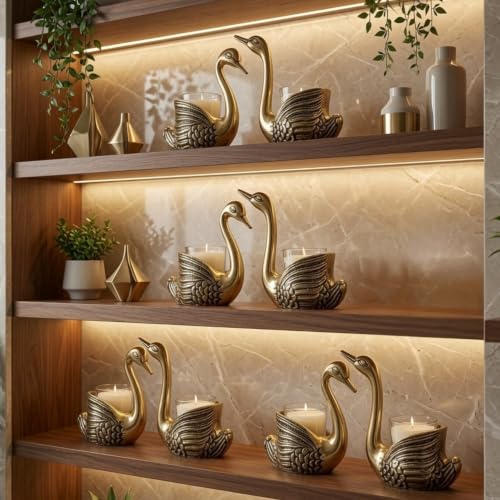 Image of BEHOMA Set of 5 Pair Aluminium Golden Swan Candle Holders with Gift Box