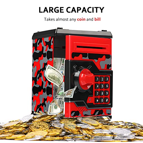 Atm Piggy Bank For Boys Girls, Vcertcpl Mini Atm Coin Bank Money Saving Box With Password, Kids Safe Money Jar For Adults With Auto Grab Bill Slot, Great Gift Toy Bank For Kids(Camouflage Red) #TOP3