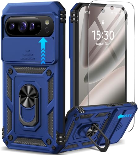 Taisairu for Google Pixel 10 Pro XL Case with Screen Protector & Slide Camera Lens Cover,Built-in 360°Rotate Magnetic Ring Stand Shockproof Protective Phone Case for Pixel 10 Pro XL Case (Blue)