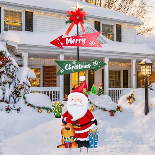 Christmas Decorations Outdoor Yards Signs, 47" Metal Xmas Santa Claus Signs with Stakes, Merry Christmas Yard Decorations for Front Door Lawn Patio Garden Outside Decor