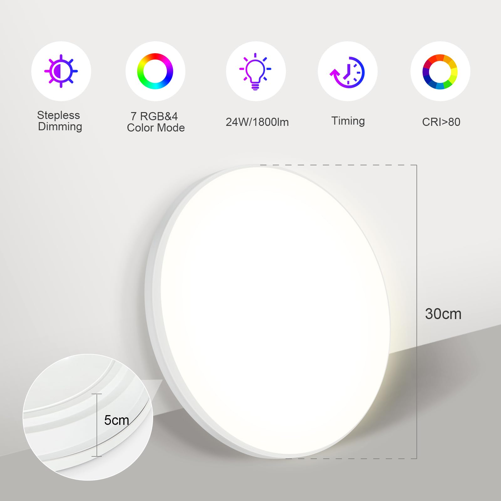 Litake Luz de Techo LED Regulable 24W, RGBW Lámpara de techo que cambia de color para el dormitorio Habitación de los niños Sala de estar Cocina Balcón 1800LM 3000K-6500K Plano Redondo φ30 * 4.8 / CM