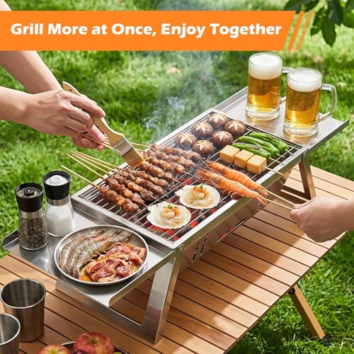 Image of Barbeque Grill Set for Home,Foldable and Portable Charcoal Barbeque Grill Set,Grill Chicken Maker for Home,Includes Grill, Bag, Gloves,Mini Tabletop BBQ Grill with Stainless Steel Body,Silver