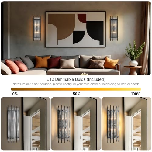 Image of Modern Black Wall Sconce,25in Grand Rectangular Ribbed Glass Wall Sconces,Indoor Hardwired Wall Sconces for Large Spaces,for Living Room,Hallway,Stairway Sconces Wall Lighting,Included E12 Bulbs