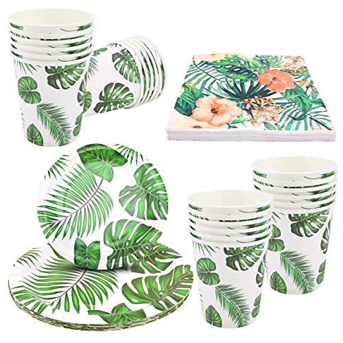 Gukasxi Conjunto de 96 peças de louça de festa com design de folha de palma havaiana para 24 convidados, inclui 24 pratos de 7 e 9 polegadas, 24 guardanapos, 24 chávenas, perfeito para festas