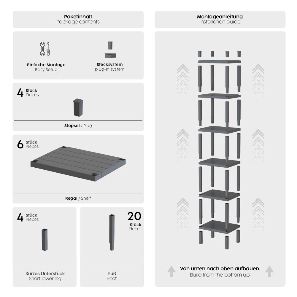 sugodesign OMBEG 6-stufiges Regal, Flexibles Standregal oder Beistellregal, Kunststoff, 10 kg Tragkraft pro Ebene, Werkzeuglose Montage, für Bad, Küche, Büro (weiß)