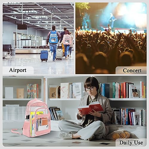 Image of KIMNERPU Clear Backpack, Heavy Duty PVC Transparent Backpack with Reinforced Straps, See Through Multiple Pockets Large Capacity Bookbag for Concert Sport Event Work Security Travel Festival (Pink)