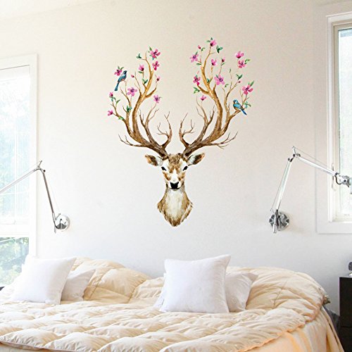 Wallpark Artistic Deer Plum Flower Tree Deer Antler Removable Wall Sticker Decal, Living Room Bedroom Home Decoration Adhesive Diy Art Wall Mural #TOP1