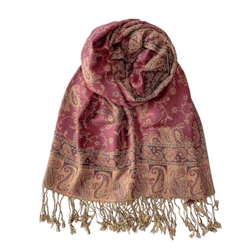 Pashmina Rave Shawl Wraps Scarf For Women w/Fringes Soft Silky Reversible Paisley Scarf For Wedding Gifts Festival (Dark Red)