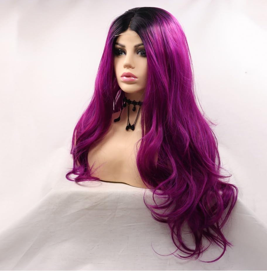 Xiweiya Long Purple Lace Front Wig Dark Roots Piano Color Highlight Purple Hair Middle Part Synthetic 4x1U Part Lace Full Wigs Natural Hairline Heat Resistant Hair 150% Density Wig for Women 26Inch