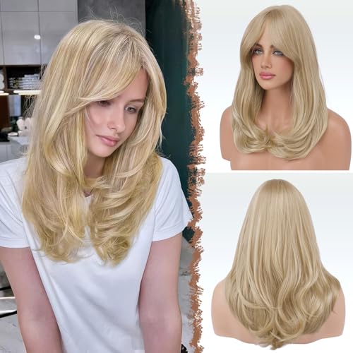 Image of FESHFEN Dirty Blonde Wigs with Bangs, Synthetic Natural Looking Long Layered Straight Hair Wig for Women Daily Party Use, 18 inch