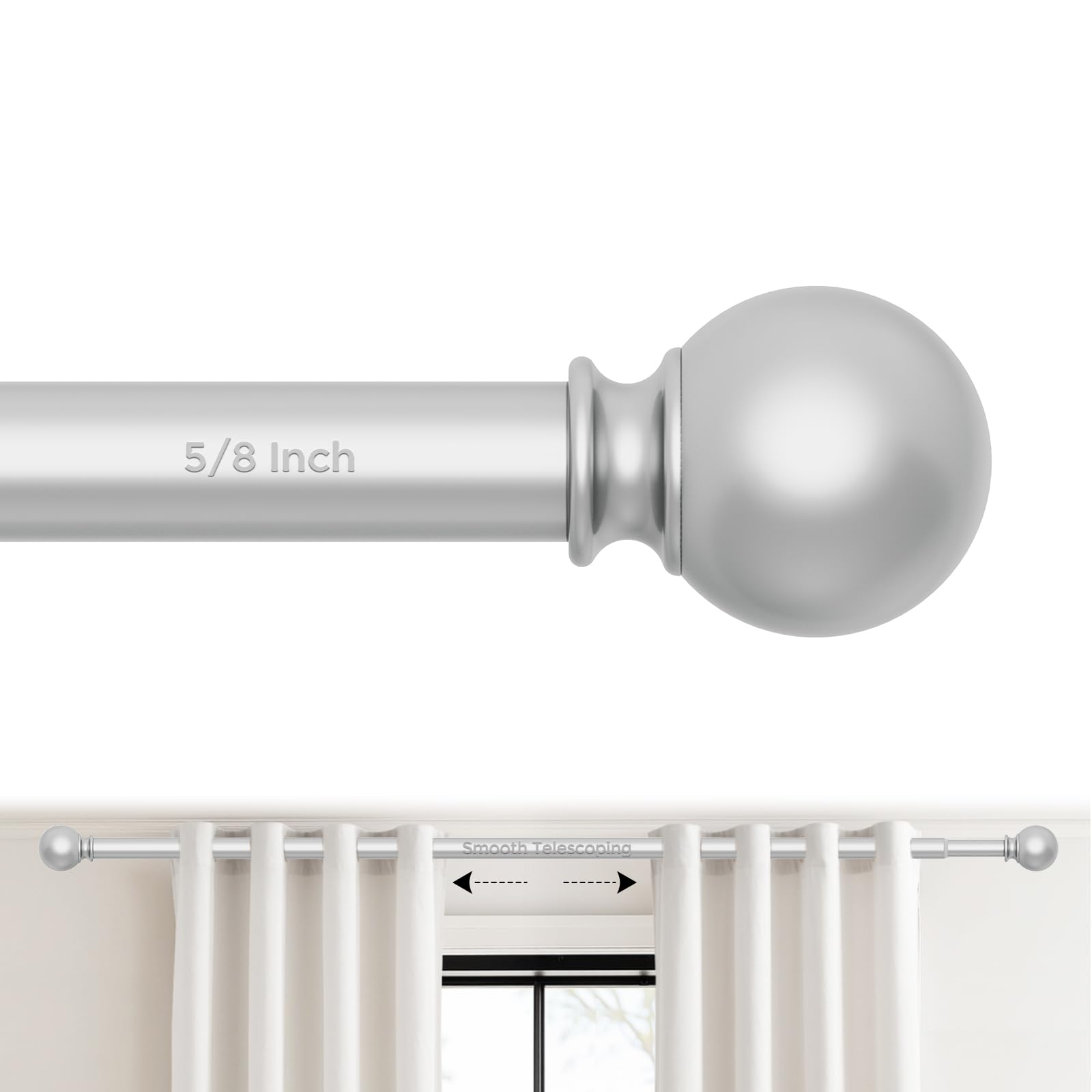 Silver Curtain Rods 18 to 60 Inches(1.5-5 Feet),5/8 inch Splicing Drapery Rods,Small Curtain Rods Set,Size: 18''-60'',Silver
