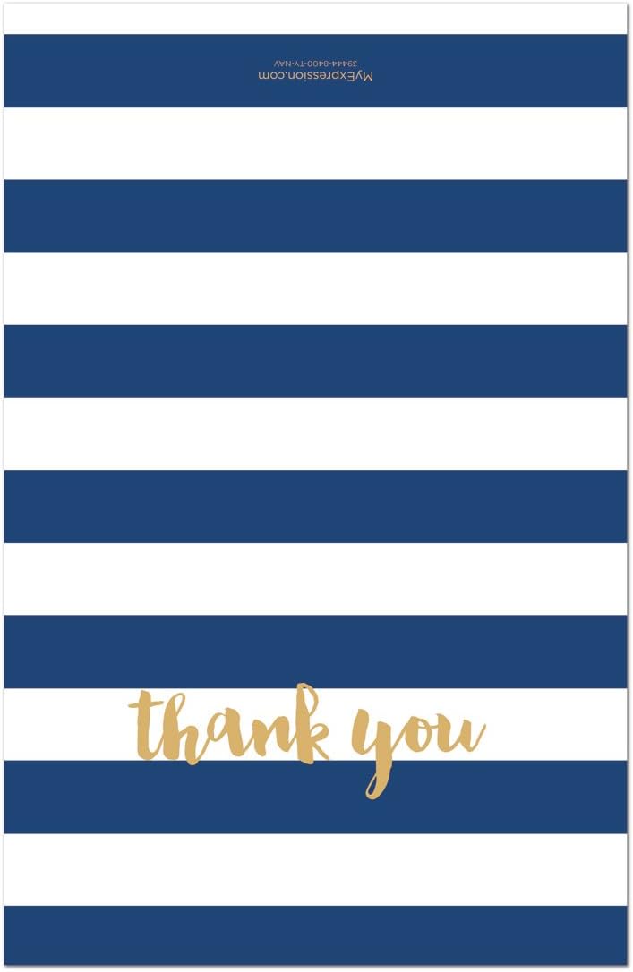 MyExpression.com 50 Horizontal Stripes Script Thank You Cards (Navy-Gold)
