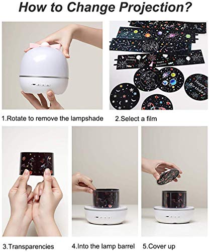 Lâmpada de projeção infantil, 6 conjuntos de projetor de luz noturna de filmes, rotação de 360 graus