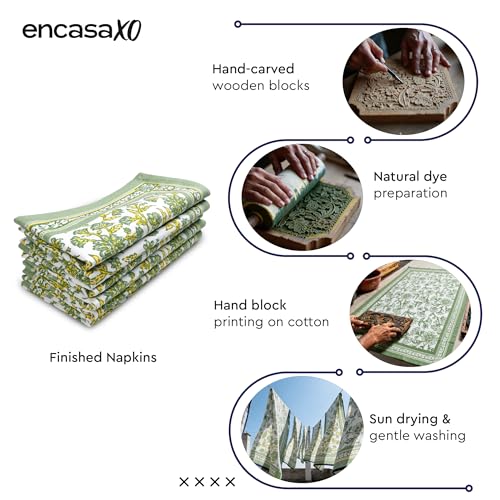 Image of Encasa XO Dining Table Napkins Set of 6 | Sage-02 Block Printed Cotton Canvas Cloth Napkin - 45x45 cm | Jaipur Sanganeri Hand Print