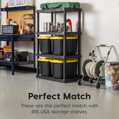 Image of IRIS USA 4-Pack 12 Gallon Storage Bins with Lids |Made in USA| Heavy Duty Plastic Tote Containers for Truckbed Tool Box Organization, Large - Black /Yellow
