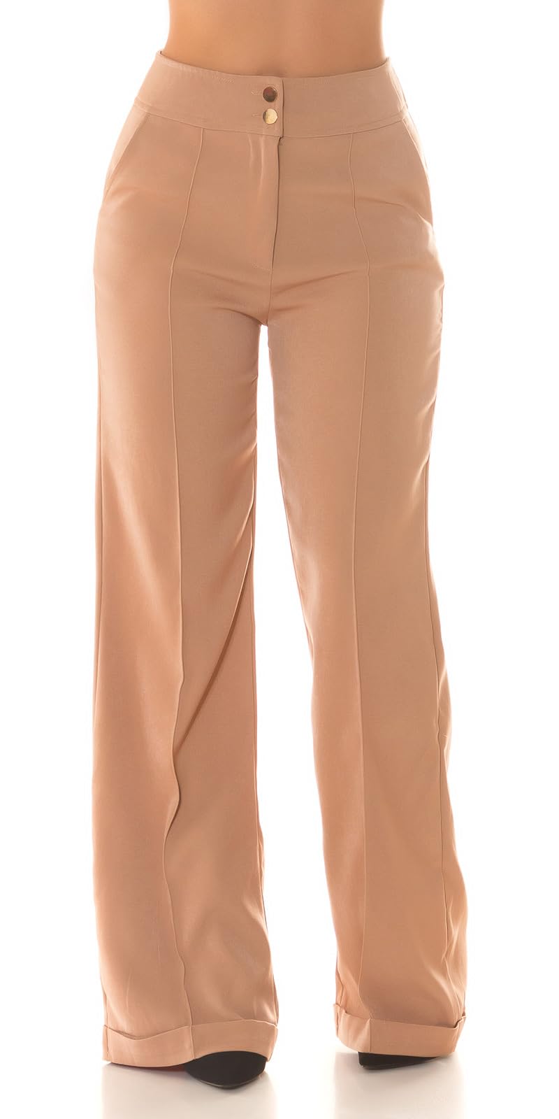 Koucla Highwaist Stoffhose Marlene Business Hose mit weitem Bein Schlaghose Bügelfalte und Krempel